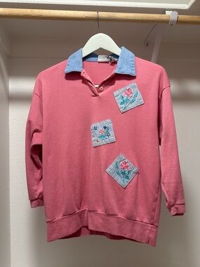 Vintage grandmacore floral embroidered sweatshirt denim collar pullover size S